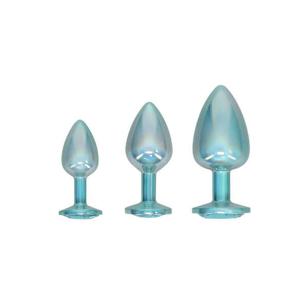 Ouch! Paris Collection Metal Anal Plug Set Blue Metallic Butt Plugs With Gem Bases Of 3 Sizes Non Vibrating Butt Plugs