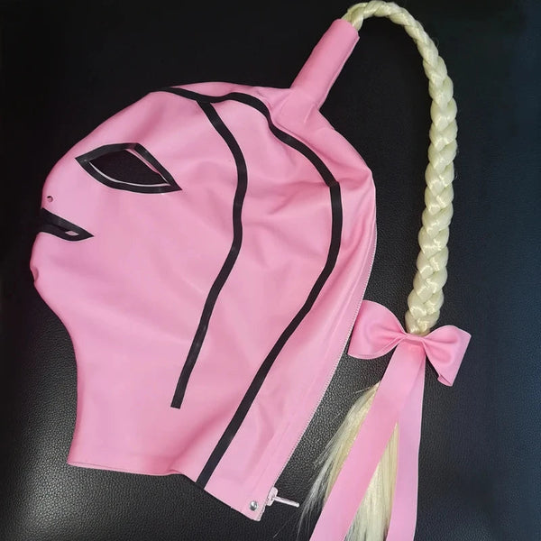 Women Men Mask With Twist Braid Wig Back Zip Rubber Fetish Hood S Lm264 Latex