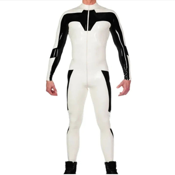 White And Black Latex Catsuit No Socks Front Crotch Zip For Men Costumes Bodies & Catsuits