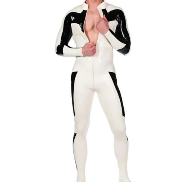 White And Black Latex Catsuit No Socks Front Crotch Zip For Men Costumes Bodies & Catsuits