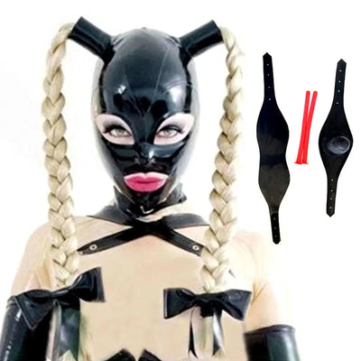 100 Percent Latex Mask Rubber Unisex Hood With Pigtails Fetish Two Braid Wigs Headgear Customized Hoods