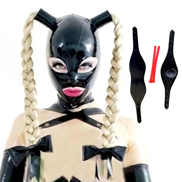 100 Percent Latex Mask Rubber Unisex Hood With Pigtails Fetish Two Braid Wigs Headgear Customized Hoods