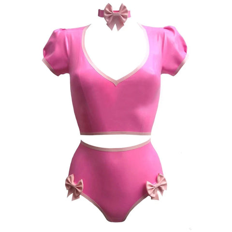 Latex Rubber Women Pink Top Shirt And Shorts With Neck Collar Handmade Costumes