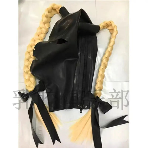 100 Percent Latex Mask Rubber Unisex Hood With Pigtails Fetish Two Braid Wigs Headgear Customized Hoods