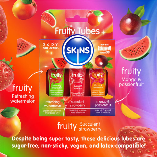 Skins Fruity Tubes Watermelon Strawberry & Mango Passionfruit Flavoured 12 Ml Bottles Lubricants