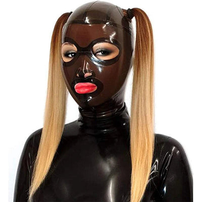 Latex Hood Mask Holiday Rubber Full Face Open Eyes Double Holed Ponytail Hoods