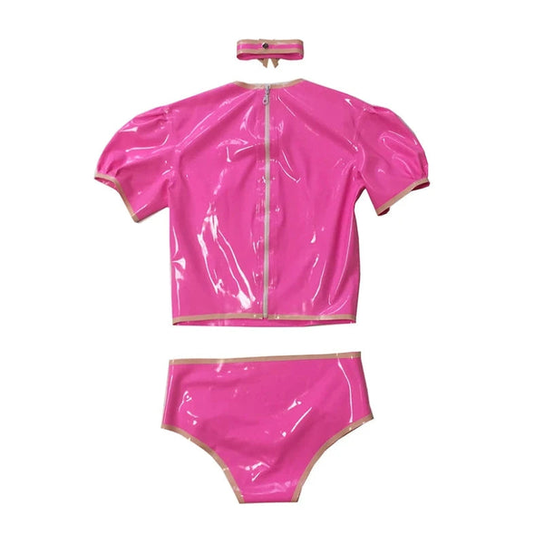 Rubber Women Pink Top Shirt And Shorts With Neck Collar Handmade Costumes Latex