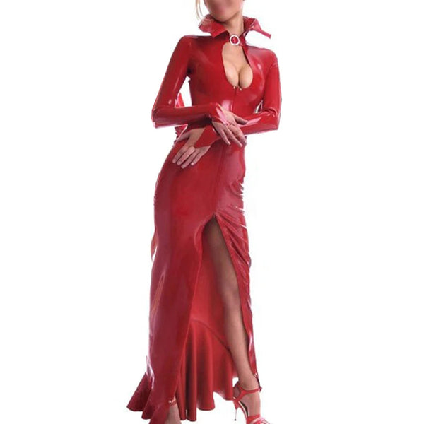 Red Evening Gown Handmade Clothing Front Zip Fish Tailed For Men Women Latex