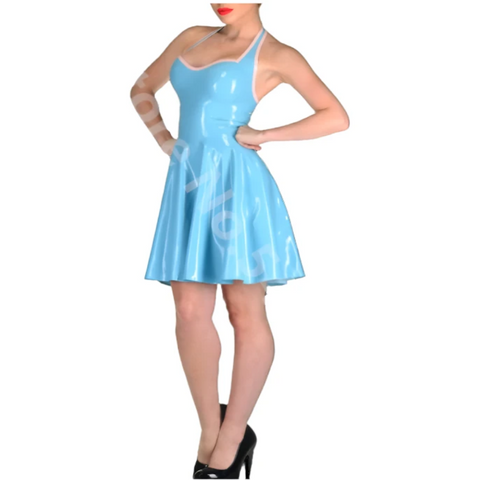 House Of Dasein Latex Halter A Line Dress Blue Rubber Clubwear Skirt Women's Costumes
