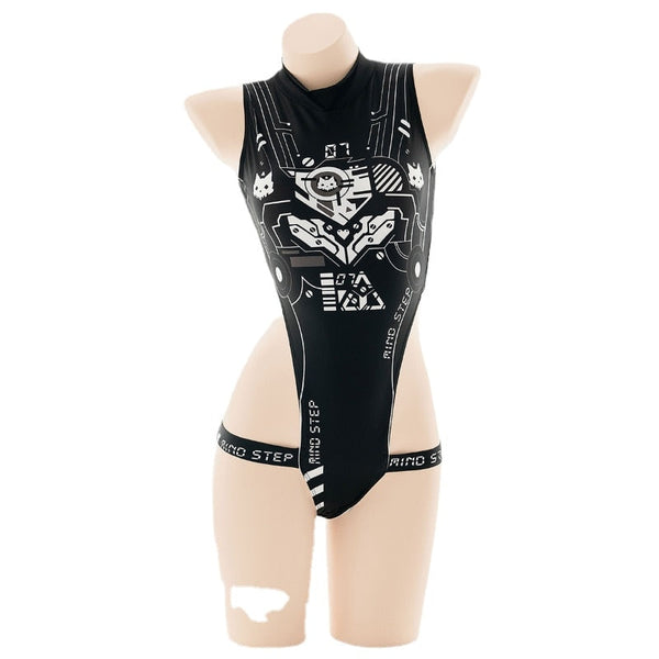 Punk Anime Girls Dark Cyber Mechanical Cat Cosplay Bodysuit Swimwear Set Bodysuits