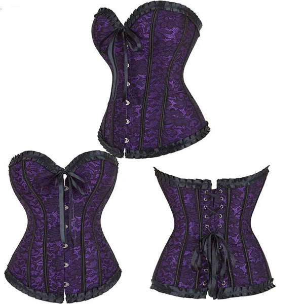 Fishbone Bow Tight Chest Binder Bustier For Gothic Dress Women 10 Ruffled Lace Victorian Corset Top Purple Medium Corsets & Bustiers