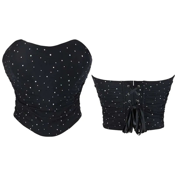 Black Ruched Hem Corset Crop Top For Plus Size Women Back Lace Tight Fit Sequined Detailing Large Corsets & Bustiers