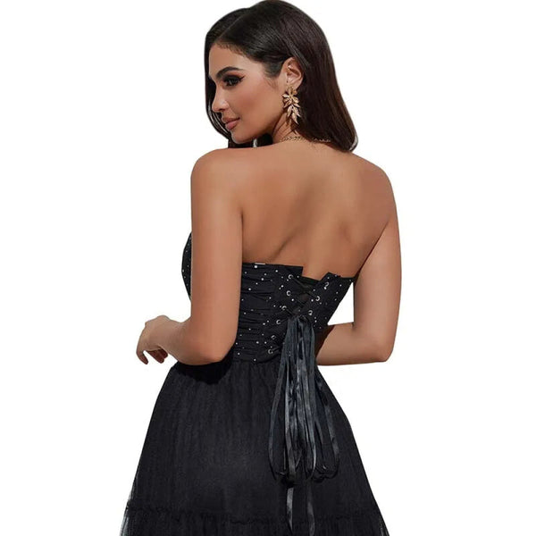 Black Ruched Hem Corset Crop Top For Plus Size Women Back Lace Tight Fit Sequined Detailing Large Corsets & Bustiers