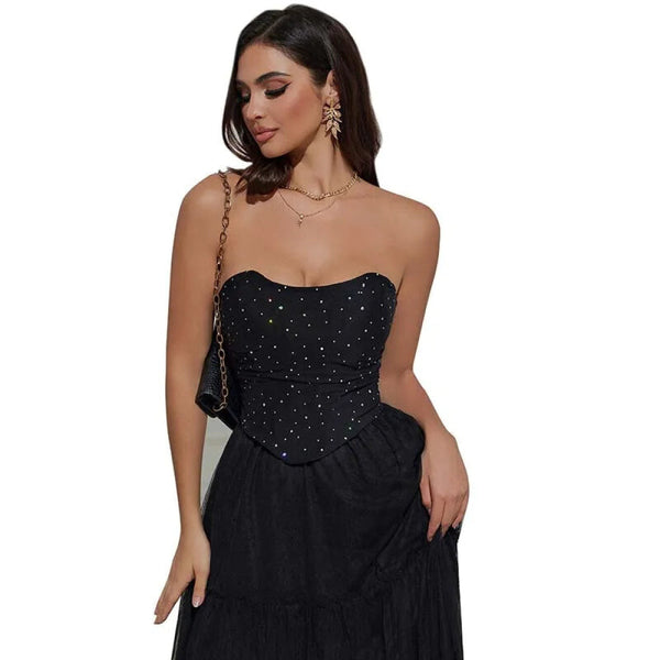 Black Ruched Hem Corset Crop Top For Plus Size Women Back Lace Tight Fit Sequined Detailing Large Corsets & Bustiers