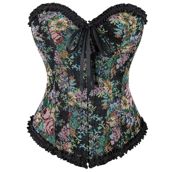 Rose Print Denim Jeans Corset Black Burlesque Renaissance Vintage Corsets & Bustiers