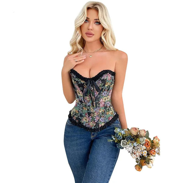 Rose Print Denim Jeans Corset Black Burlesque Renaissance Vintage Corsets & Bustiers