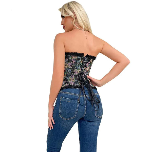 Rose Print Denim Jeans Corset Black Burlesque Renaissance Vintage Corsets & Bustiers