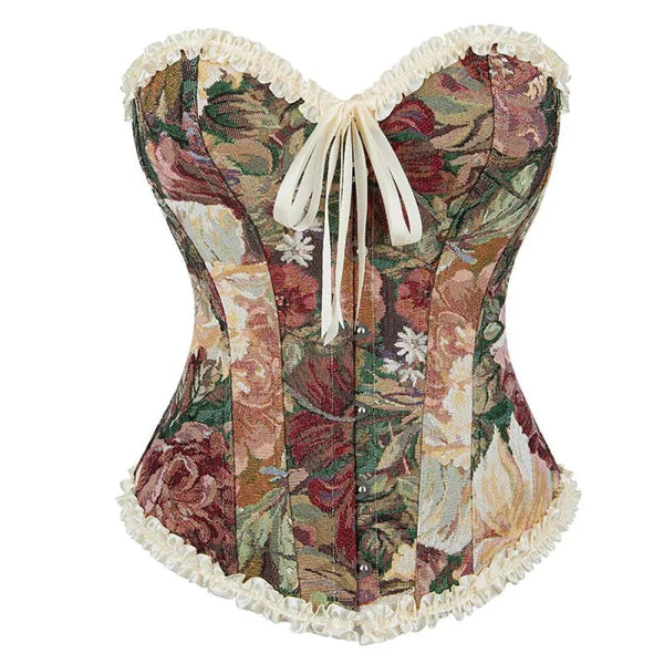 Floral Lace Trim Overbust Corset Women 1920S Retro Bustier With Boning And Front Busk Closure 525 Small Corsets & Bustiers