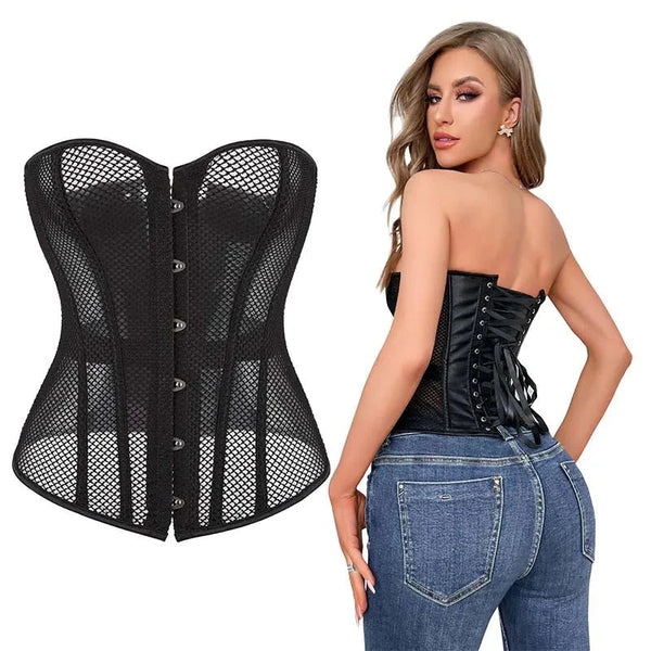 Transparent Gothic Corset With Thong Plus Size S 6Xl Mesh Net Lingerie Bustier Medium Corsets & Bustiers