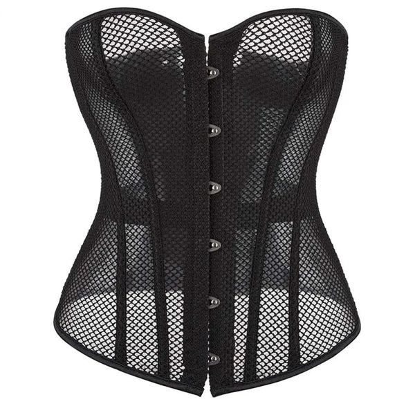 Fish Bone Gothic Mesh Net Patchwork Satin Overbust Corset Xs Corsets & Bustiers