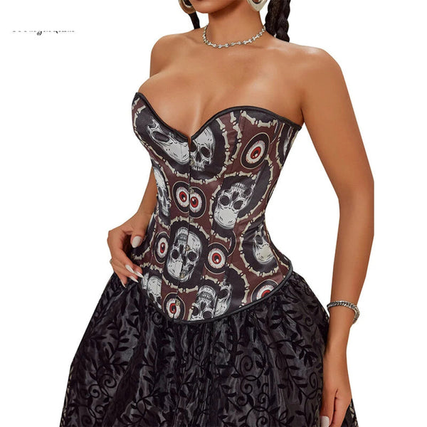Skull Print Gothic Corset Front Busk Closure Lace Up Boned Plus Size Xs Xl Corsets & Bustiers