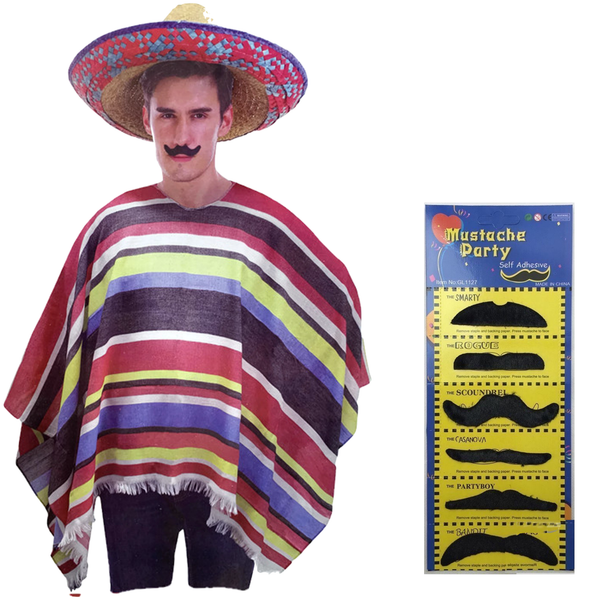 3Pc Set Mens Mexican Poncho + Sombrero Moustache Spanish Cowboy Costume Party Hats