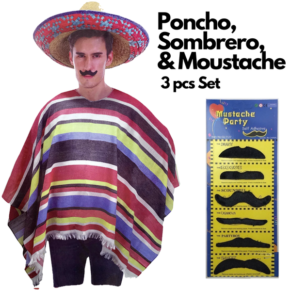 3Pc Set Mens Mexican Poncho + Sombrero Moustache Spanish Cowboy Costume Party Hats