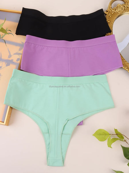 Elosung 3 Pcs Mint Green+Black+Violet High Waisted Solid Color Cotton Comfort Plus Size Tummy Control Thong Panties For Women Erotic Panties