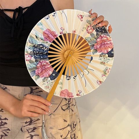 2 Pcs Floral Bamboo Folding Hand Fan Traditional Chinese Style Round Folding Design (Spring In The Garden) Hand Fans