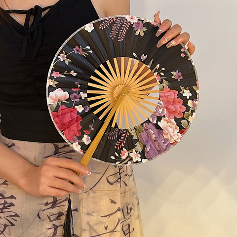 2 Pcs Floral Bamboo Folding Hand Fan Traditional Chinese Style Round Folding Design (Black Background With Flowers) Hand Fans