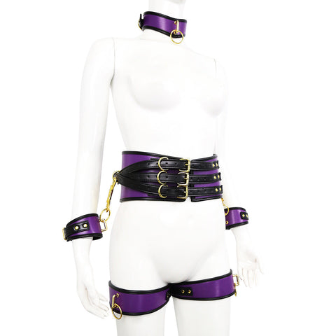 Adjustable Pu Leather  Restraint Set Collar Waist Belt Hand & Leg Cuffs With Connectors(Purple) Cuffs & Shackles