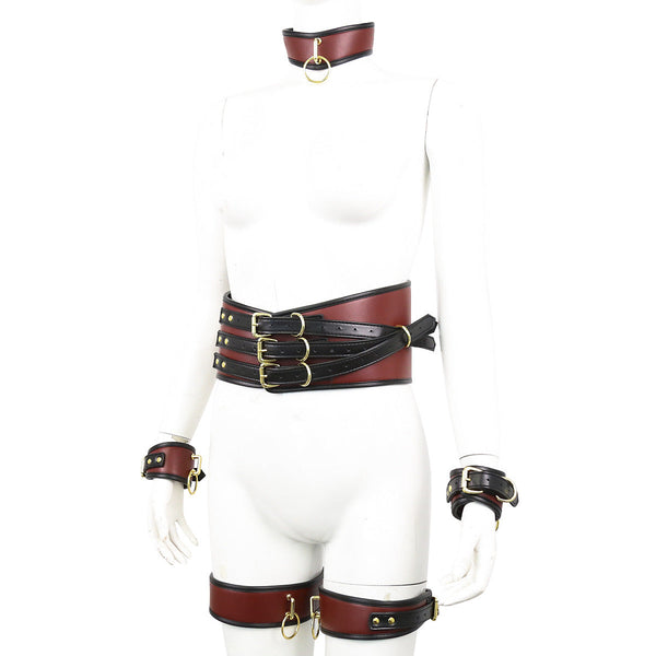 Pu Leather  Restraint Set Collar Waist Belt Hand & Leg Cuffs With Connectors(Red) Cuffs & Shackles