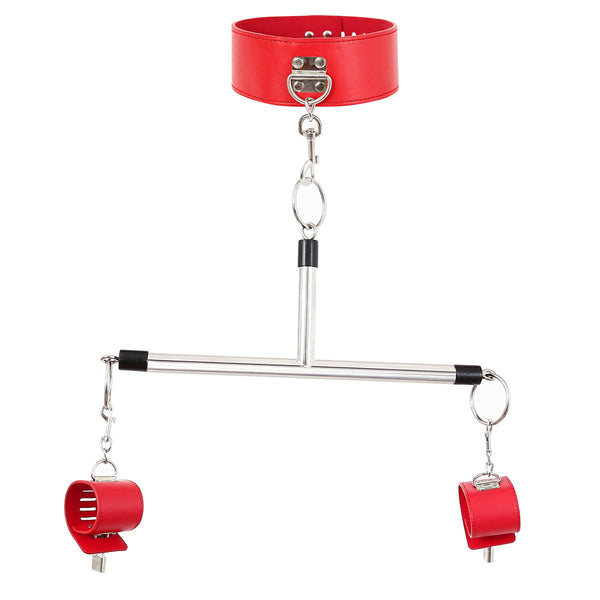 Pu Leather Collar & Locking Handcuff Spreader Bar Set Adult Novelty Restraint(Red) Spreader Bars