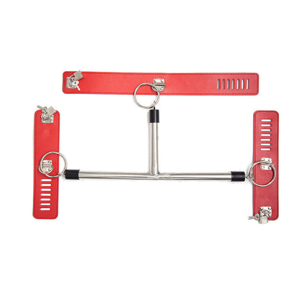 Pu Leather Collar & Locking Handcuff Spreader Bar Set Adult Novelty Restraint(Red) Spreader Bars