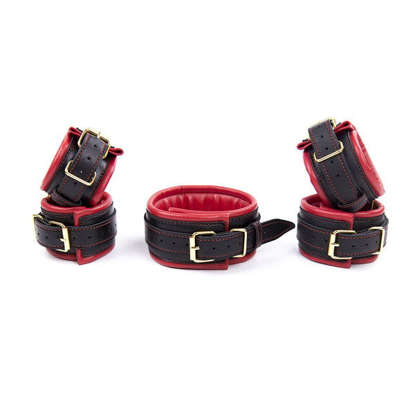 Premium Pu Leather Adjustable Padded Collar Handcuffs & Ankle Cuffs Set With Leash Connectors Red Cuffs & Shackles