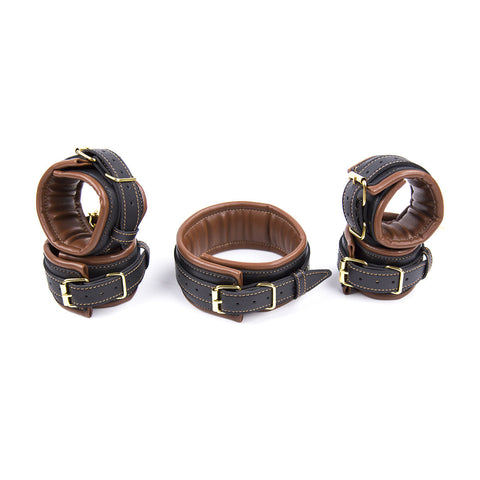 Premium Pu Leather Adjustable Padded Collar Handcuffs & Ankle Cuffs Set With Leash Connectors Brown Cuffs & Shackles