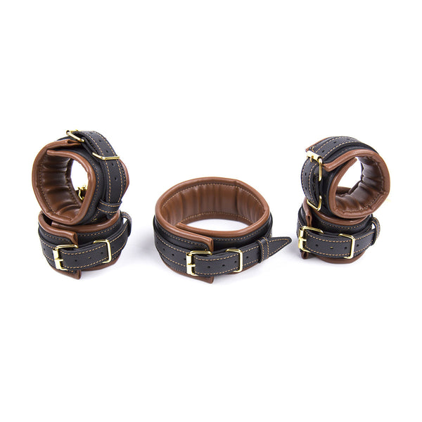 Premium Pu Leather Adjustable Padded Collar Handcuffs & Ankle Cuffs Set With Leash Connectors Brown Cuffs & Shackles