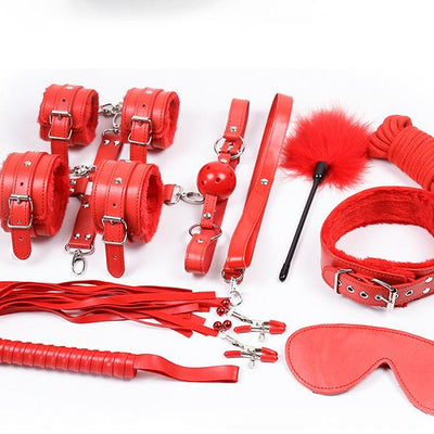 10 Piece Plush Lined Adjustable Restraint Kit With Rope & Accessories For Couples Red Restraint Kits & Sets