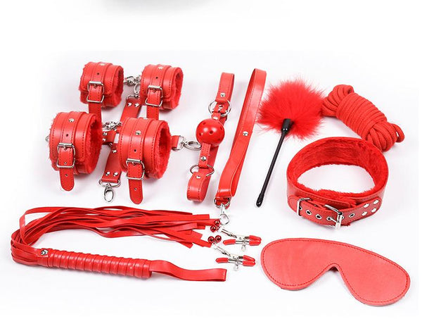 10 Piece Plush Lined Adjustable Restraint Kit With Rope & Accessories For Couples Red Restraint Kits & Sets