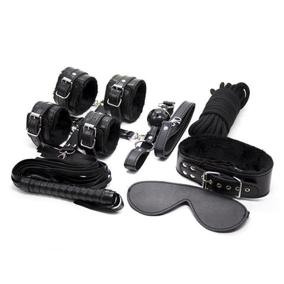 10 Piece Plush Lined Adjustable Restraint Kit With Rope & Accessories For Couples Black Restraint Kits & Sets