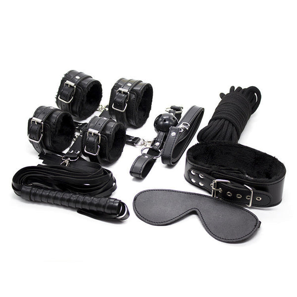 10 Piece Plush Lined Adjustable Restraint Kit With Rope & Accessories For Couples Black Restraint Kits & Sets