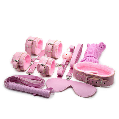 10 Piece Plush Lined Adjustable Restraint Kit With Rope & Accessories For Couples Pink Restraint Kits & Sets