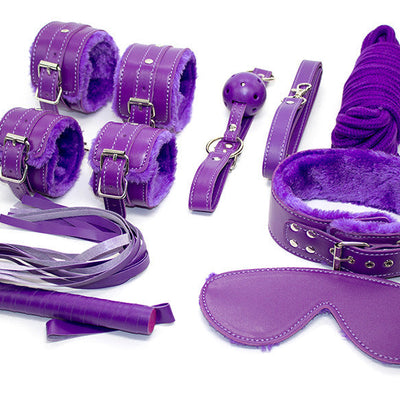10 Piece Plush Lined Adjustable Restraint Kit With Rope & Accessories For Couples Purple Restraint Kits & Sets