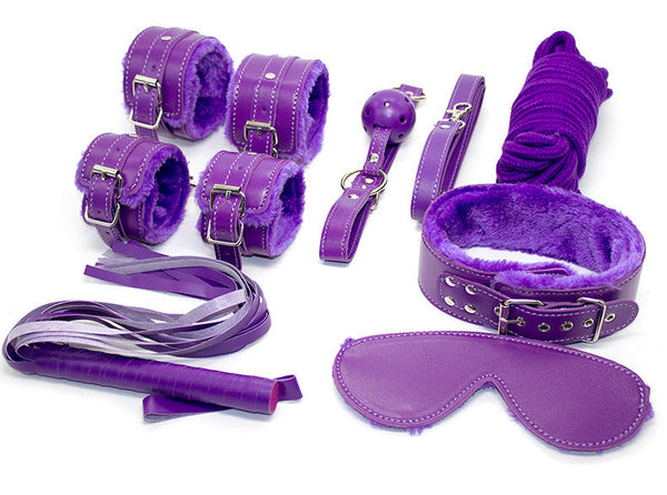 10 Piece Plush Lined Adjustable Restraint Kit With Rope & Accessories For Couples Purple Restraint Kits & Sets