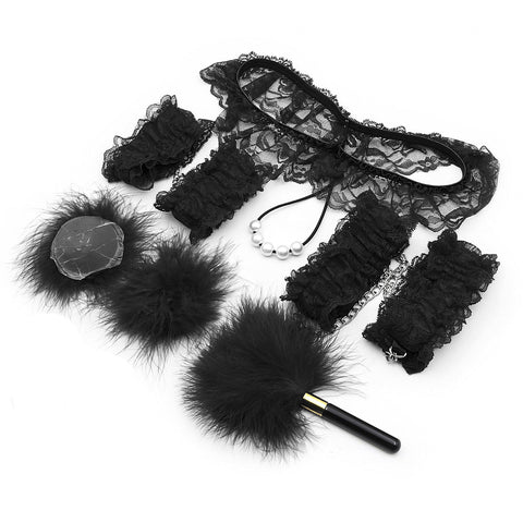 7 Piece Lace & Feather Playful Lingerie Accessory Set Cuffs G String Tickler &Nipple Stickers(Black) Restraint Kits & Sets