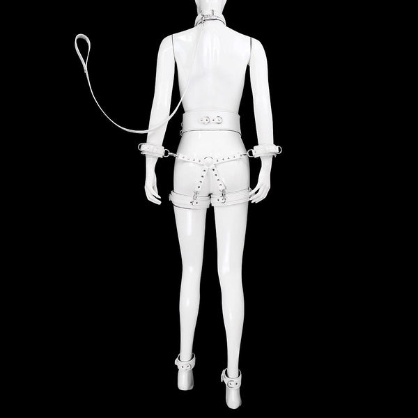 Full Body Pu Leather  Restraint Set With Collar Leash Cuffs & Harness Adjustable Adult Play(White) Restraint Kits & Sets