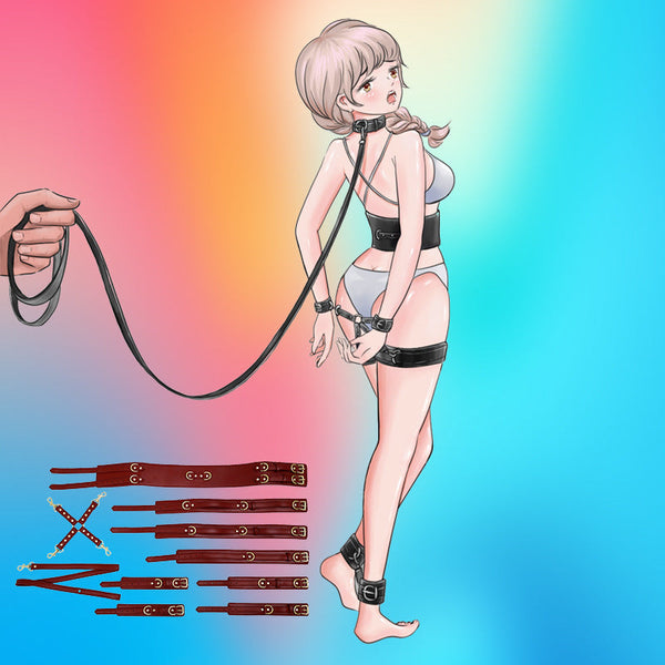 Full Body Pu Leather  Restraint Set With Collar Leash Cuffs & Harness Adjustable Adult Play(White) Restraint Kits & Sets