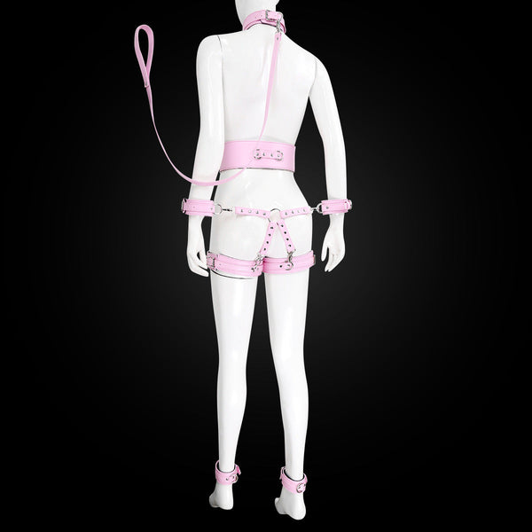 Full Body Pu Leather  Restraint Set With Collar Leash Cuffs & Harness Adjustable Adult Play(Pink) Restraint Kits & Sets
