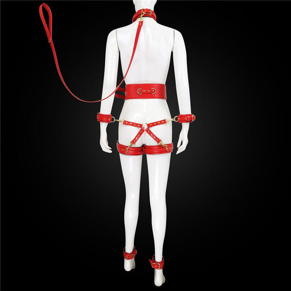 Full Body Pu Leather  Restraint Set With Collar Leash Cuffs & Harness Adjustable Adult Play(Red) Restraint Kits & Sets