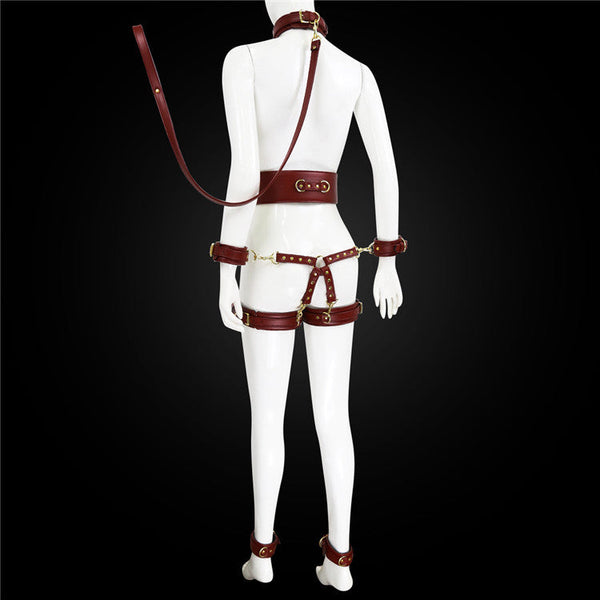 Full Body Pu Leather  Restraint Set With Collar Leash Cuffs & Harness Adjustable Adult Play(Coffee) Restraint Kits & Sets